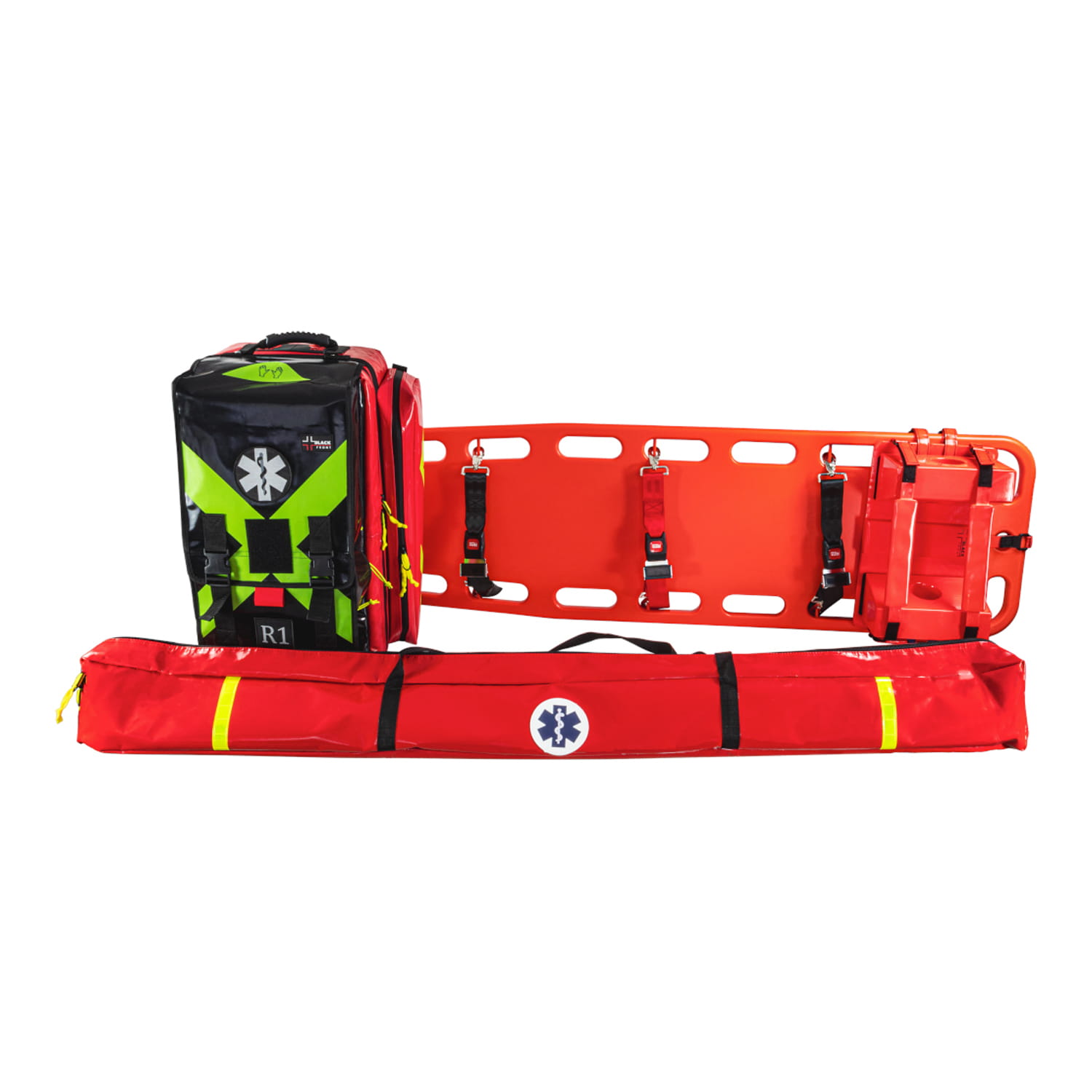 Zestaw PSP R1 w plecaku z szynami kramera i deską ortopedyczną BLACK FRONT (KSRG 06.2021)