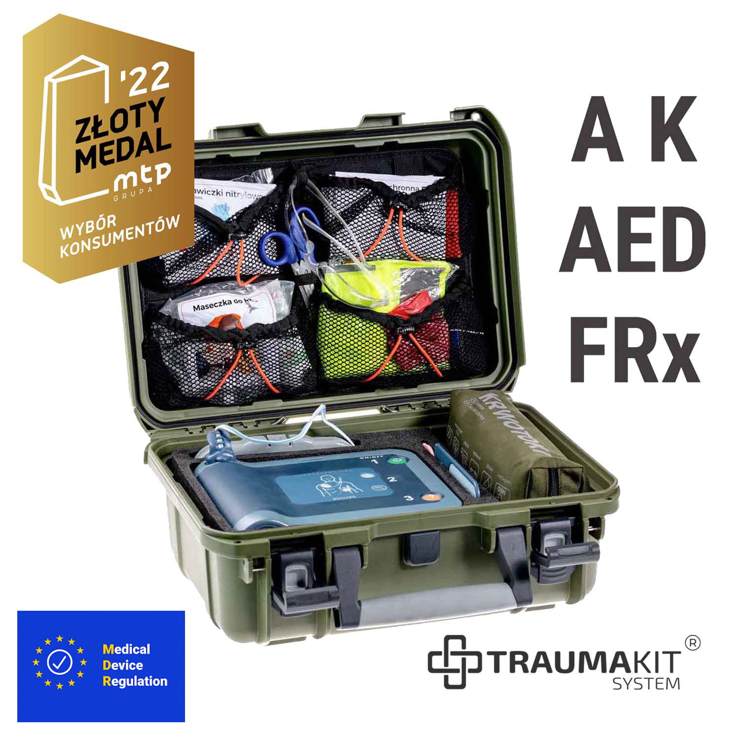 TRAUMA KIT Defibrylator AED Philips FRx - Klucz pediatryczny - Krwotoki - RKO/Ochrona osobista - Walizka (zielony)